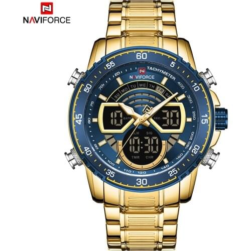 NAVIFORCE Mens Watches Stainless Steel Strap Dual Time Led Shock Resistant Casual Fashion Date Display Creative Male Wrist Watch