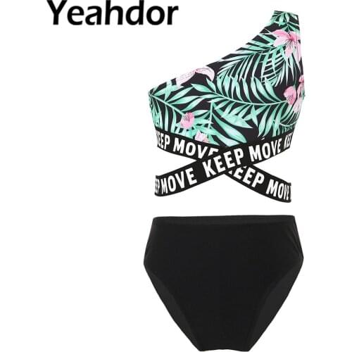 Kids Girls Swimwear Asymmetric Single Shoulder Strap Criss Sash Crop Tops and Briefs Set Children Beach Swimming Bathing Suit