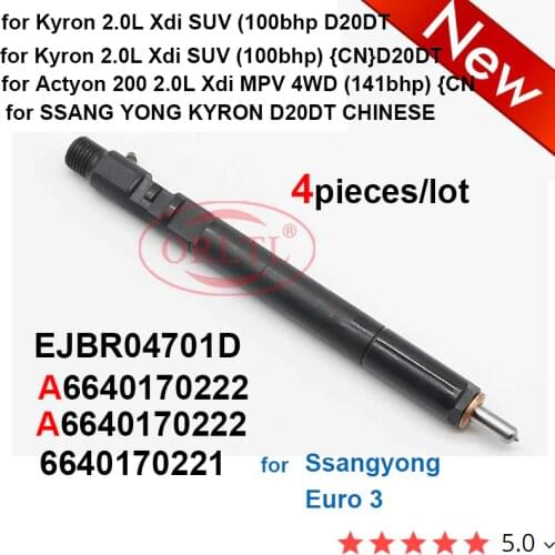 4PC /lot Diesel Fuel Injector A6640170222 EJBR04701D A6640170021 6640170221 for SSANG YONG KYRON D20DT CHINESE Euro 3