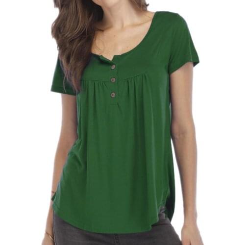 Womens Casual Short Sleeve Loose T-Shirts Solid Color Button Pleated Tunic Tops v-neck female Pullover Tops Summer Clothes