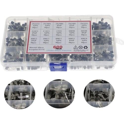 15value 600pcs Transistor TO-92 Box Kit 2N2222 2N3904 2N3906 2N5401 3N5551 A1015 C1815 C945 S8050 S8550 S9012 S9013 S9014 S901