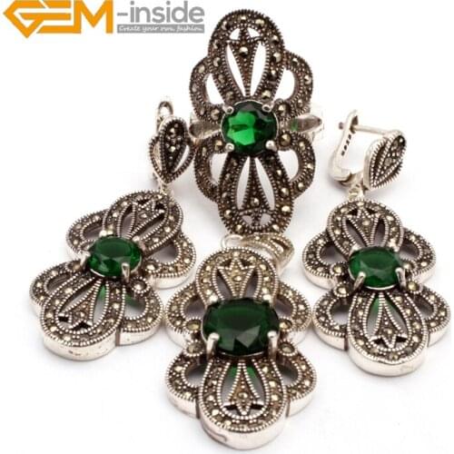 Green Crystal Antiqued Tibeten Jewelry sets: ring earrings pendant party Women Christmas Birthday Present Gem-inside