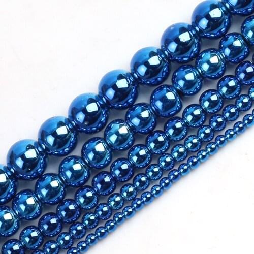2/4/6/8/10mm Natural Stone Blue Plated Hematite Round Loose Beads For Jewelry DIY Making Charm Bracelet Accessories 15