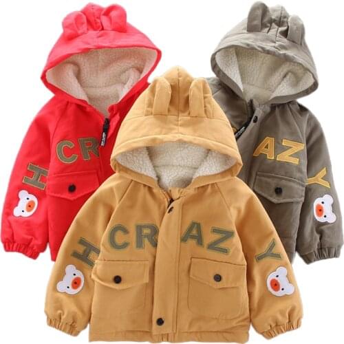 Winter Boys Jacket Alphabet Bear Warm Padded Kids Jacket Hooded Casual Boy Outerwear Birthday Present 1-5 Year Old Kids Clothes