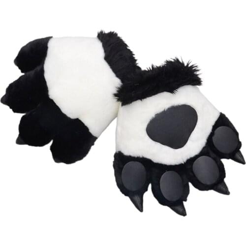 L93F 1 Pairs Cute Simulation Panda Paw Plush Gloves Thicken Fluffy Animal Stuffed Toys Padded Hand Warmer Halloween Cosplay