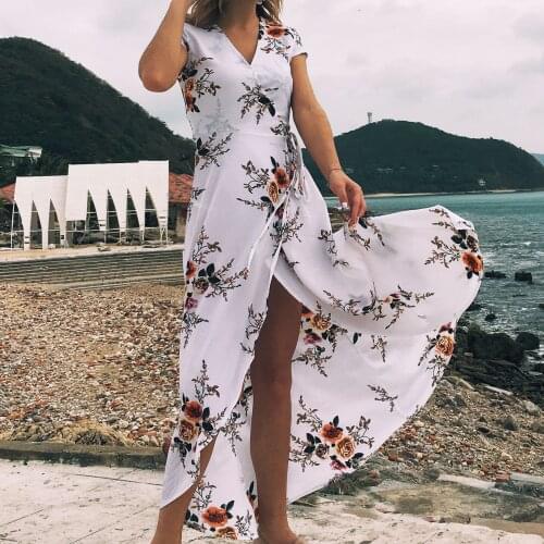 Summer Dress Sexy Slit Beach Seaside Resort Dress Women Robe Dresses Womens V-Neck Printed Chiffon