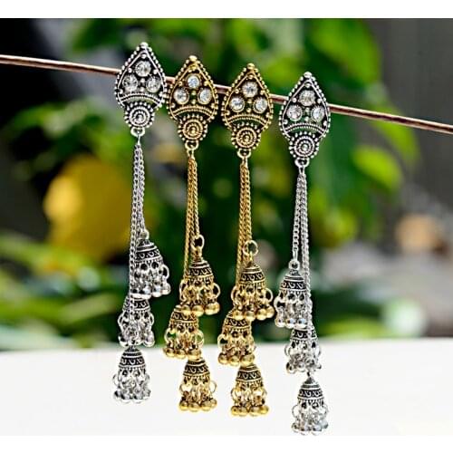 Mexican Oxidized Jewelry color Gold Long Tassel Crystal Drop Wedding Earrings for Bridal Egypt Afghan India Jhumka Nepal Tribal