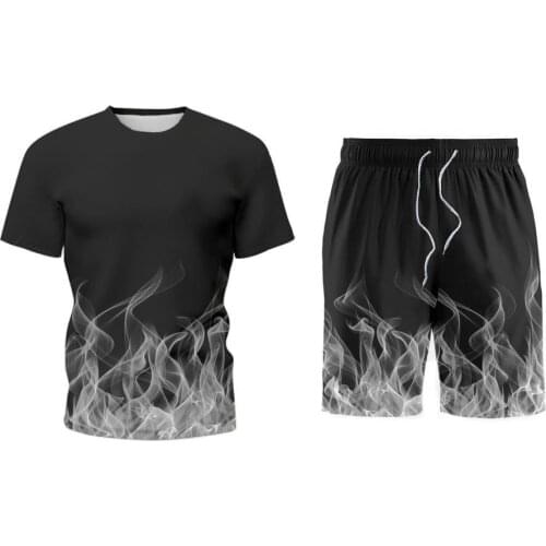 Hot Sales 3D Digital Print Men Tracksuit Drawstring Two Piece Summer Flame Print T-Shirt Shorts Suit Activewear