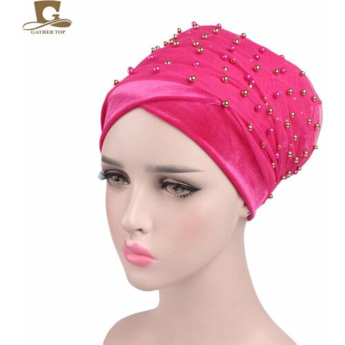New Luxury Mass Gold Beaded Mesh Head wrap Velvet Nigerian Turban Women Hijab Extra Long Head scarf Headscarf Turbantes