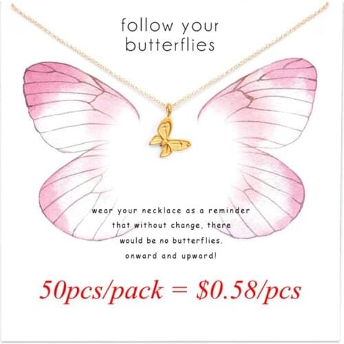 Wholesale 50pcs/pack Beautiful Butterfly Gold Plated Alloy Charm Chain Pendant Necklaces For Women Jewelry Cardboard