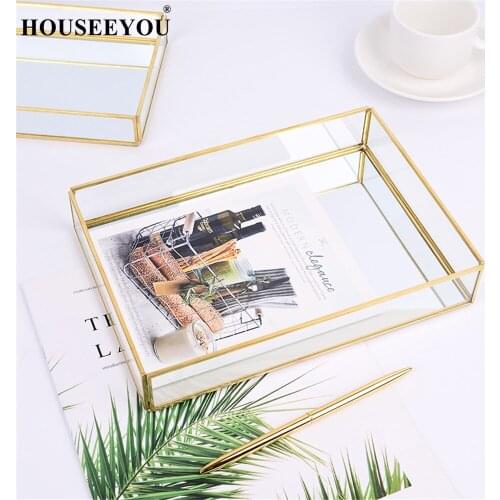 Nordic Brass Storage Tray Gold Rectangle Glass Makeup Organizer Acrylic Vintage Plate for Dessert Jewelry Display Home Decor