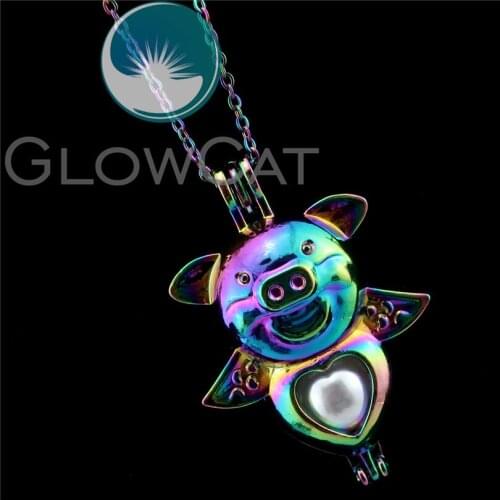 R-C333 Rainbow Colors 42mm Pig Heart Beads Cage Pendant Perfume Diffuser Aromatherapy Pearl Cage Locket Necklace Kids Girl