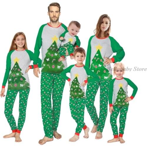 Christmas Pajamas Sets Family Clothes Mom Dad Kid Pijama Set Green Tree Prt Cotton Top Pants Women Girl Sleepwear Family Outfits