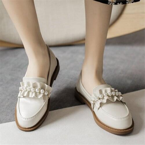 Pearl Oxford Shoes For Women Black Leather Shoes Women Flat Slip On Spring Female Shoes