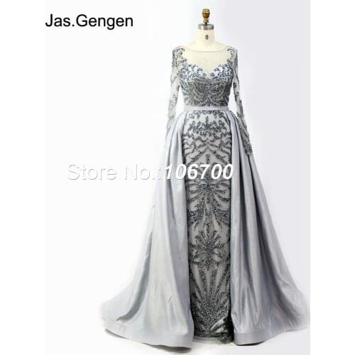 New Prom Dresses With Detachable Train Long Sleeve Illusion Hand Make Crystal Beading Elegant Mermaid Evening Gown 933B