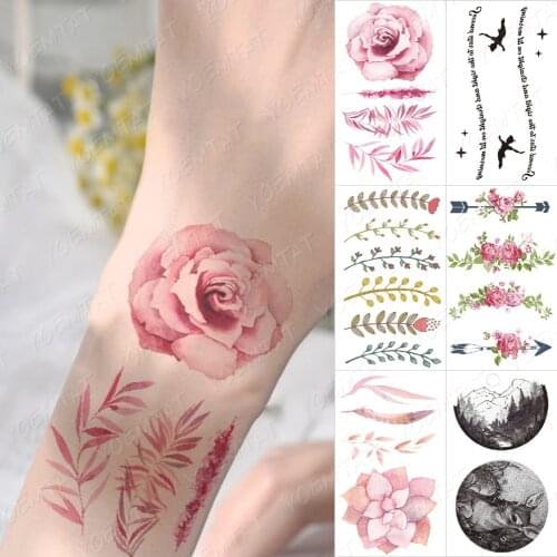 Waterproof Temporary Tattoo Pink Flower Rose Women’s Flash Tatoo Sticker Arrow Cluster Letter Body Art Hand Fake Tatto Girl