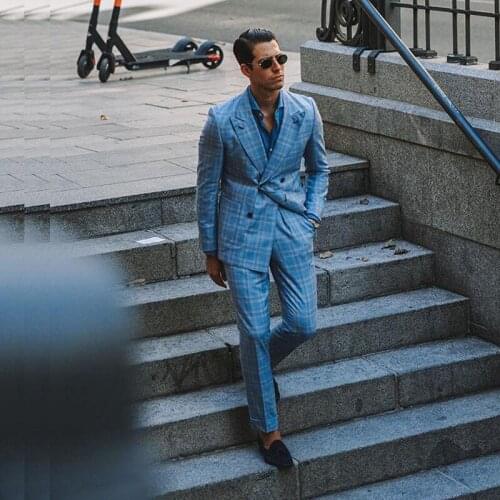 High Quality Blue Plaid Mens Suits Double Breasted Peaked Lapel Check Groom Men Prom Party Blazer Jacket(jacket+pants)