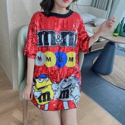 New Tide brand Women Cartoon Sequins Large Size Tshirt Tees Short-Sleeved Korean Loose Harajuku Style t-shirt Long T-shirts Tops