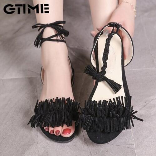 Women Sandals Summer New Sweet Tassel Buckle Zapatos Mujer Sweet Flat Toe Wedge Floral Straps Red Heels Shoes Fashion#SJPAE-280