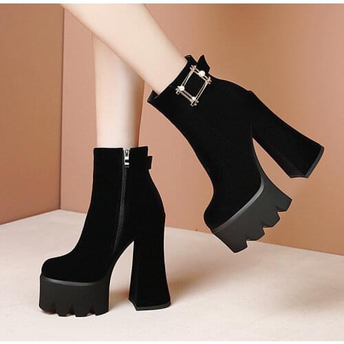 15CM Super High Heel Ankle Boots Autumn Women Boots Faux Suede Platform Zipper Boots Winter Fashion Shoes 2021 Big Size 41 42 43