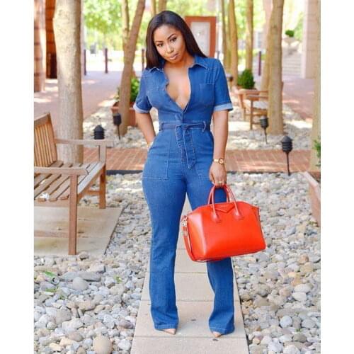 2020 Casual Denim Romper and Jumpsuits for Women One Piece Body Mujer Jean Jumpsuits with Sashes Summer Blue Overalls