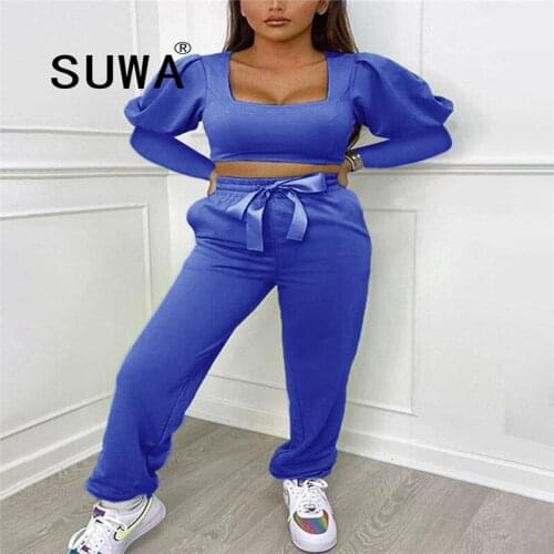 New Arrival 2020 Bady Blue Two Piece Outfits For Women Puff Sleeve Pullover Crop Top + High Waisted Harem Pants Matching Sets
