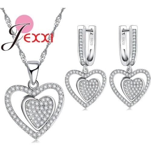 New Arrival Crystal Heart Fashion Costume Jewelry Sets 925 Sterling Silver for Women Necklace Earrings Sets