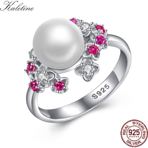 KALETINE Women Flower 8mm Pearl Ring Sterling 925 Silver Rings Rosy CZ Elegant Ringlet for Woman Silver Jewelry Luxury KLTR0121