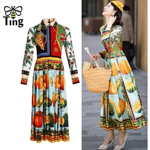 Tingfly Spring New Items Vintage Elegant Printing A Line Long Sleeve Midi Dress Women Button Up Fruit Floral Vestidos Plus Size