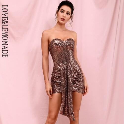 LOVE&LEMONADE Sexy Brown Tube Top Streamer Decoration Sequins Slim Fit Party Mini Dress LM82437