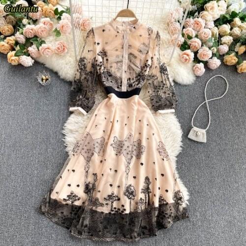 Guilantu Mesh Embroidery Floral Vintage Dress Women Spring Summer Elegant Office Long Dresses Casaul Evening Party Robe Longue