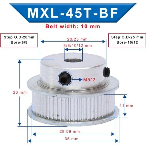 1 Piece Pulley MXL-45T Bore Size 6/8/10/12 mm Belt Pulley Slot Width 11mm Match with Width 10mm MXL-Timing Belt For 3D Printer
