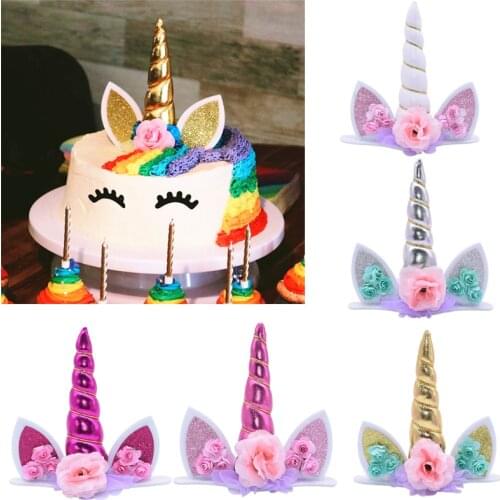 1pc Gold/silver Unicorn Horn Cake Topper Kids Favor Unicorn Birthday Cake Decor DIY Baby Shower Wedding Party Cupcakes Toppers