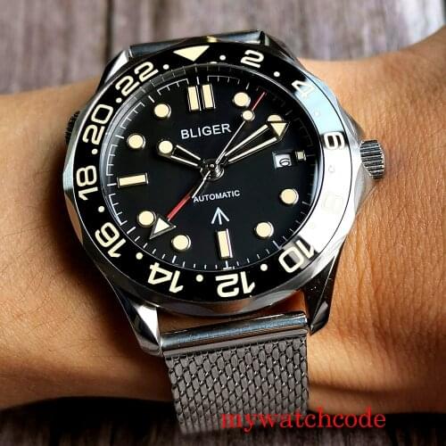 41mm BLIGER GMT Automatic Mens Watch Sapphire Crystal Unidirectional Bezel Black Dial Auto Date