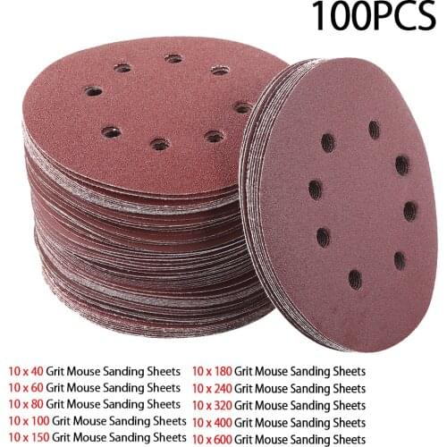 5 Inch Hook Loop Sanding paper with 8 Hole Sand Pads Set 40 Grit-600 Grit Sander Disc Abrasives for Polish Machine