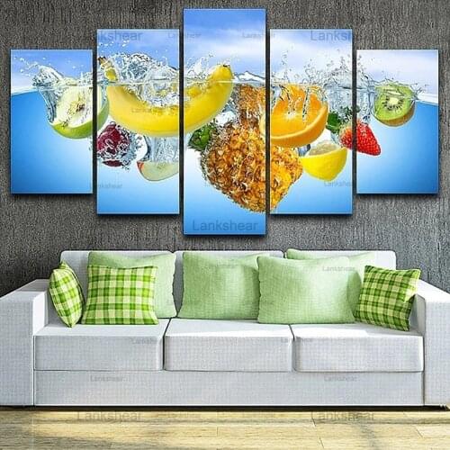 5 Pieces Canvas Painting Fresh Fruit In Water Wall Art Picture Strawberry Posters Kitchen Restaurant Living Room Home Decoration