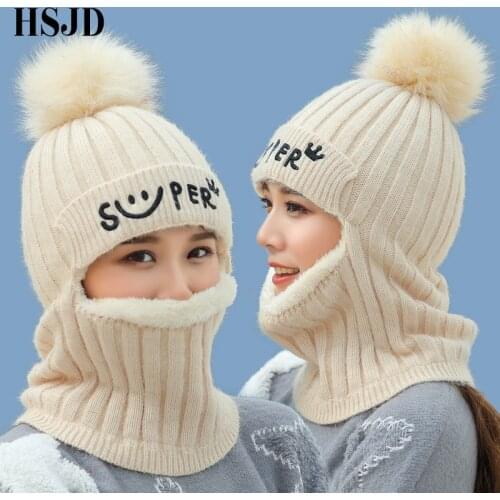 New Rabbit Hair Balaclava Knitted Winter Hats For Women Thick Warm Skullies Beanies Smile Caps For Girl Protect Neck Snow Cap