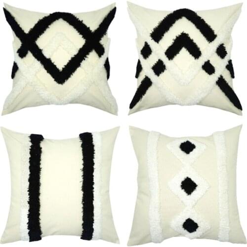 Boho Tufted Cotton Woven Decorative Lumbar Throw Pillow Covers Set, Simple Design Cushion Cover 18x18 Inches (Black Off White)