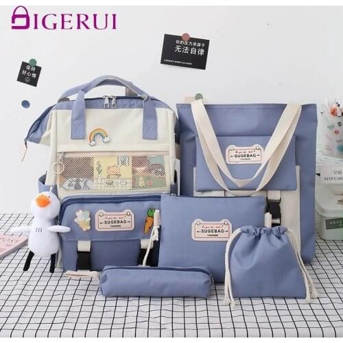 DIGERUI 2021 5Pcs/set Canvas School Backpacks Women Lovely School Bags for Teenage Girls Bookbags Students Travel Shoulder Bags
