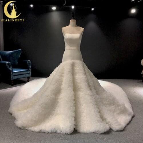 JIALINZEYI Real Picture Sweatheart Satin Tiered Mermaid Long Train wedding gown 2019