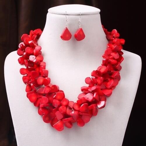 2017 Fashion Natural Water-drop Red Coral Necklace Earring Set Exaggerated Woman Jewelry 18"