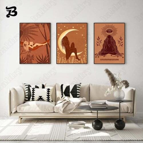 Brown Abstract Figure Painting Girl Moon Posters and Prints Home Dream Decoration Vintage Canvas Painting Wall Art Room Decor