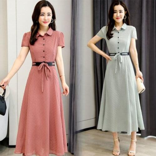 2021Summer New Chiffon Dress Female Style WomenTemperament French Vestidos Short-Sleeved Mid-Length Lace-UP Dresses Ladies A205