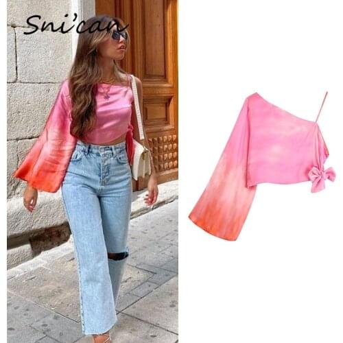 One Shoulder Tie Dye Blouse Sexy Summer Batwing Sleeve Women Satin Shirts Za 2021 Fashion Streetwear Vintage Chic Tops Snican