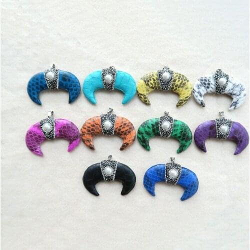 5PCS Natural Snakeskin Leather Pendant,Pave Rhinestone Crystal pearl Caps Charms,gem Jewelry necklace making supplies PD134-10