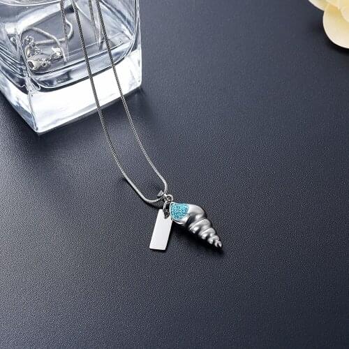 Stainless Steel Conch Light Blue Crystal Cremation Necklace for Ashes Urn Pendant Memorial Keepsake Jewelry