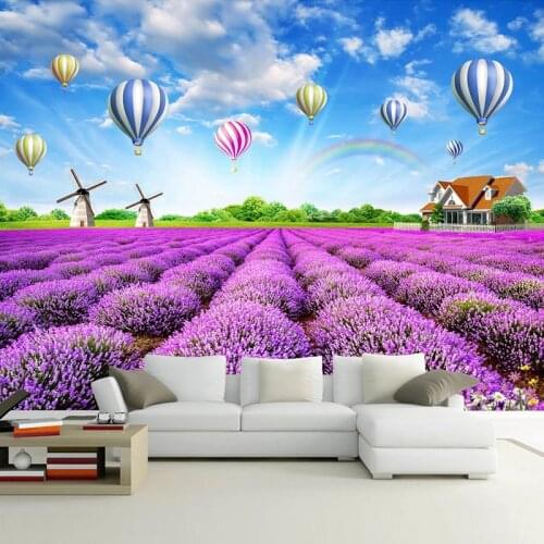 Custom 3D Photo Wallpaper For Bedroom Lavender Rainbow Hot Air Balloon Blue Sky White Clouds Pastoral Mural Living Room Decor