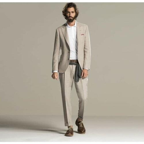 Casual Custom Made Beige Linen Men Suits Beach Wedding Suits Slim Fit Groom Tuxedo Best Man Blazer Masculino Jacket Pants 2Piece