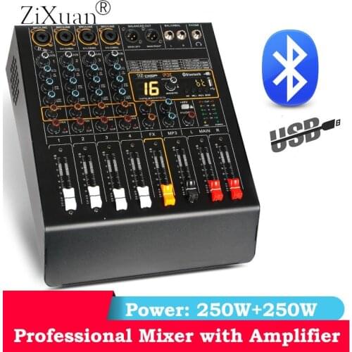 Professional 4 Channel Microphone Audio Mixer Digital Sound Mixing Amplifier Karaoke Mixer With Bluetooth USB 48V Phantom Power