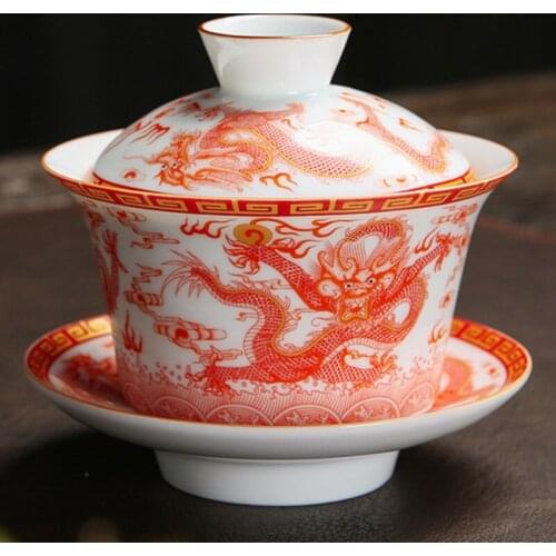 Hand Painted Dragon Gaiwan Tea Bowl Gai Wan Porcelain auspicious Tea Tureen tea set for milk oolong tea Bone china Cover bowl